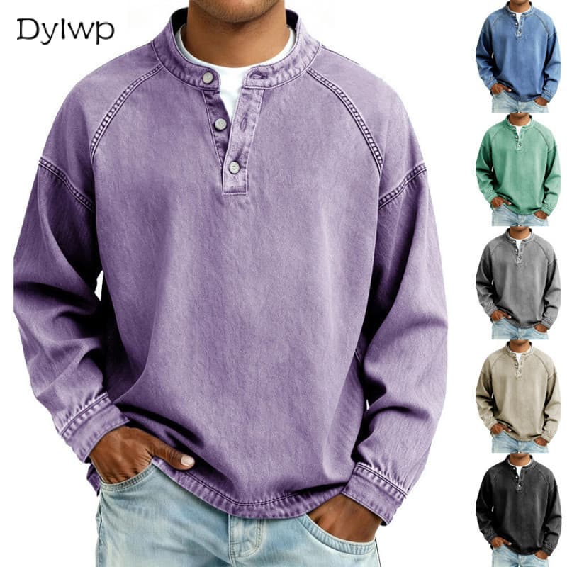 Camisa Jeans Masculina Vintage Solta Imita Gola Henley 3 Botões Raglan Manga Comprida Pulôver Casual Top-& -