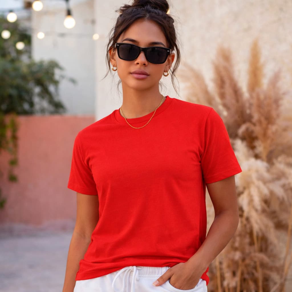 Blusa Feminina Slim Algodão Lisa Premium Gola Redonda Casual Confortável Estilo Streetwear Vermelho
