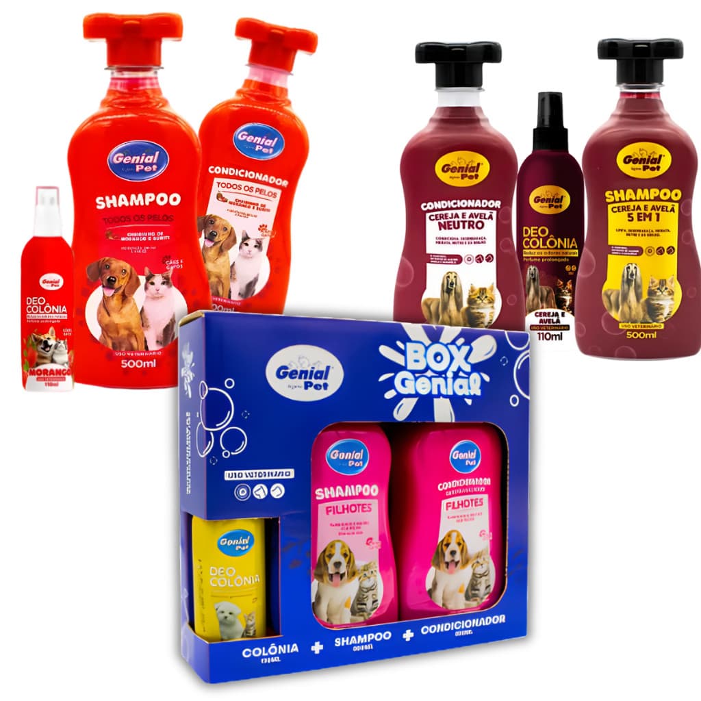 Kit shampoo 500ml +condicionador 500ml + colônia 110ml Pet Genial Filhote/Morango/Cereja e Avelã Shampoo