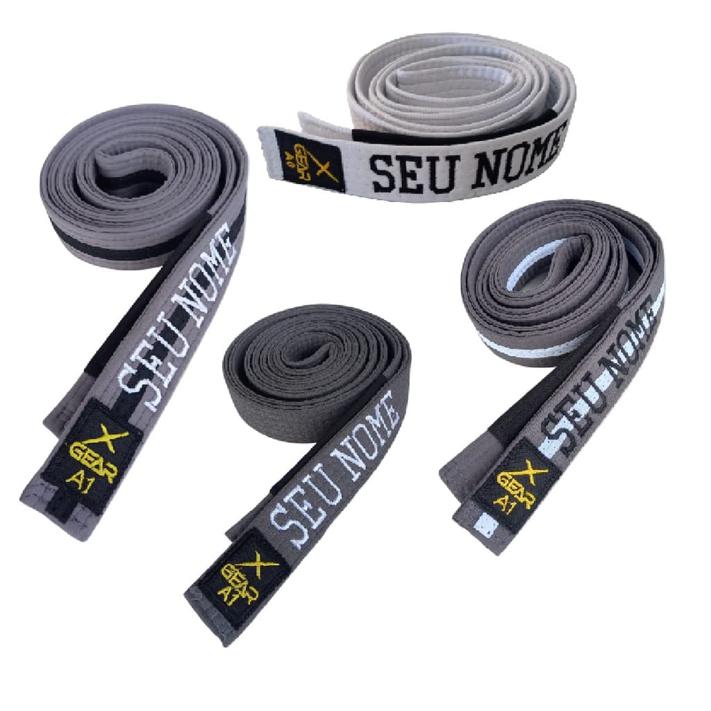 Faixa Infantil Jiu Jitsu Xgear com nome Bordado Branca Cinza