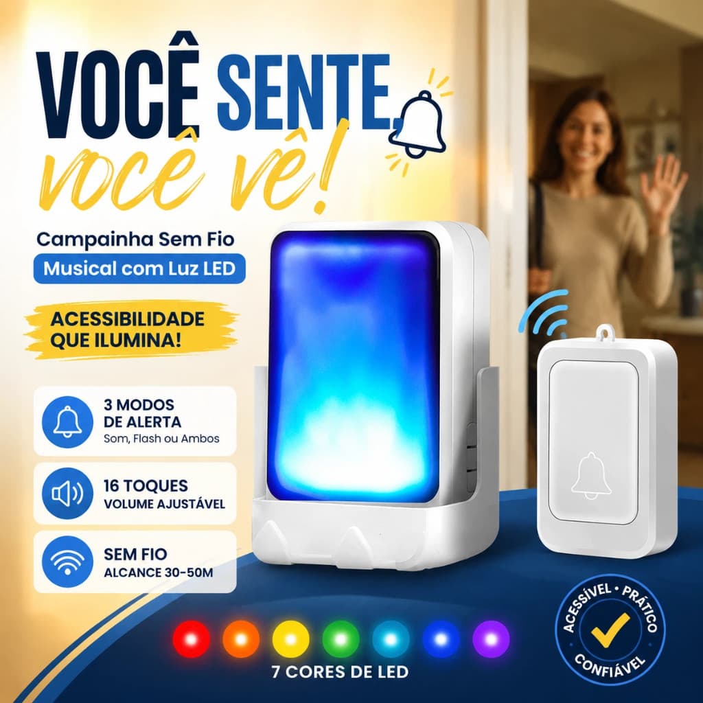 Campainha Sem Fio Musical Com Luz Flash LED 7 Cores Para Deficientes Auditivos