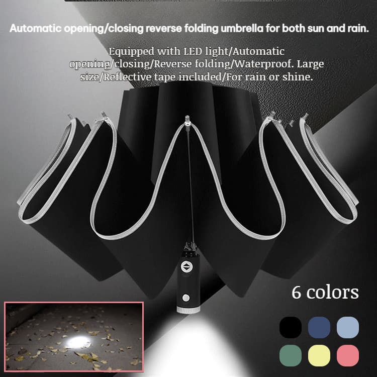 [Proteção UV e LED] [Hands-Free Reverse] Guarda-Chuva Reversível Automático/Guarda-Sol para Chuva e Sol
