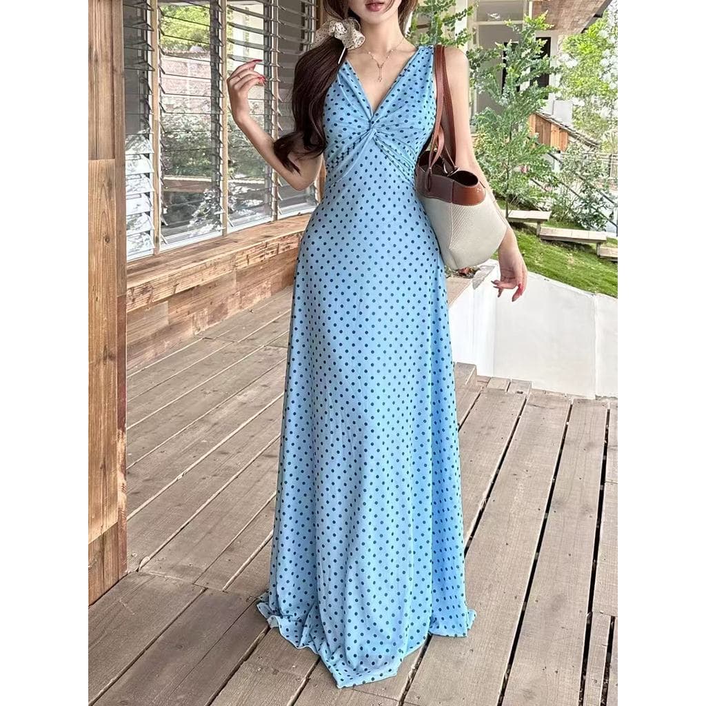 Vestido francês azul de bolinhas com decote em V longo High-End cintura estreita bolsa quadril saia rabo de peixe