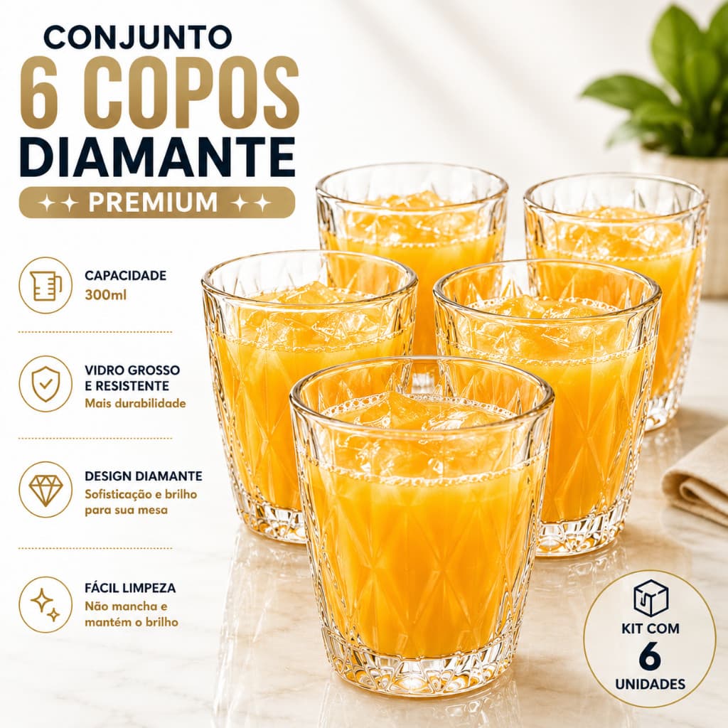Jogo De Copos De Vidro Diamond 300ml Vidro Grosso Para Água Suco Refrigerante Drinks Mesa Posta