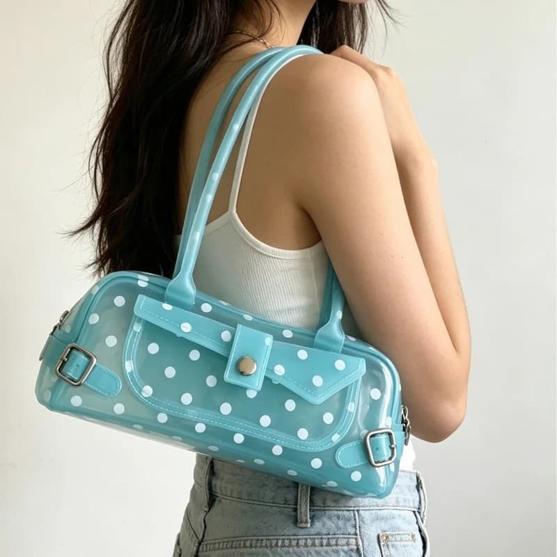 Bolsa de Ombro Mini Transparente de PVC com Bolinhas, Estilo Jelly, Cor de Doce, com Alça Superior, para Férias de Verão