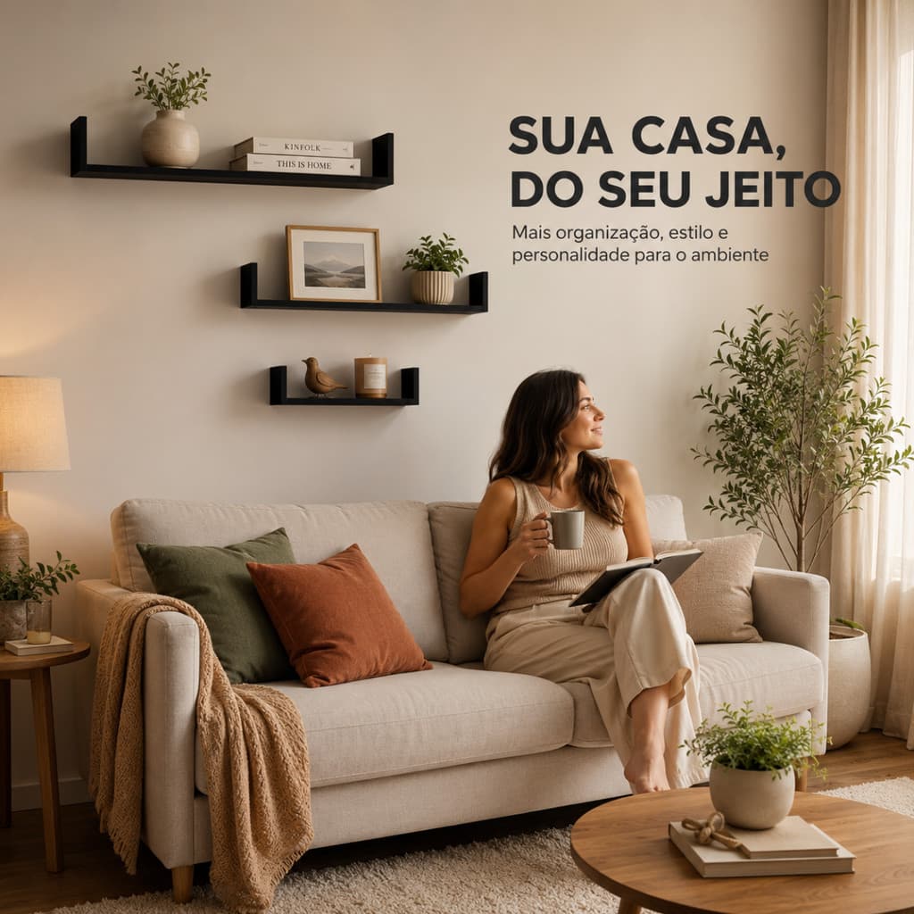 Kit 3 Prateleiras Decorativas Flutuantes Em U Branco E Preto