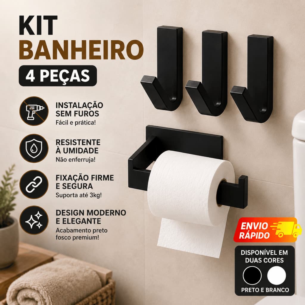 Kit Banheiro 4 Peças Suporte Papel Higiênico + 3 Ganchos Autoadesivo Sem Furos Preto Branco