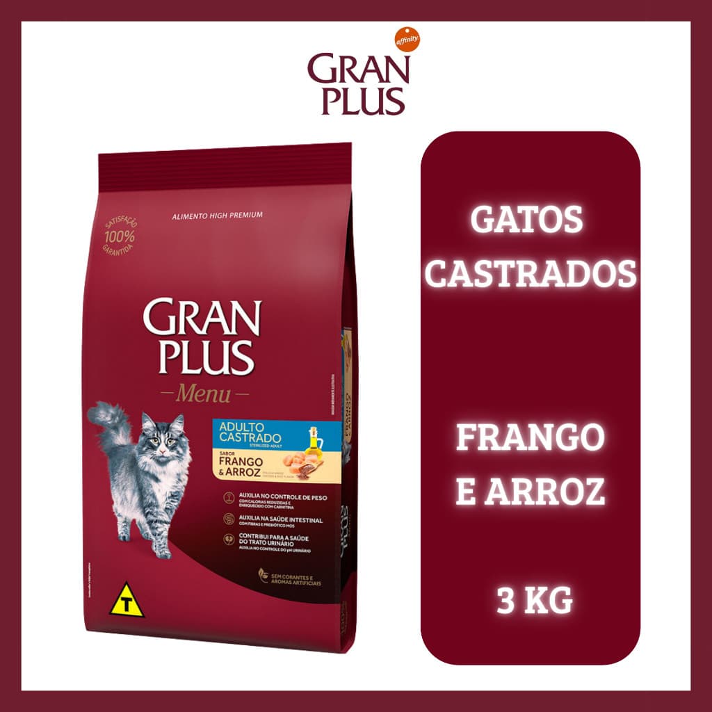 Ração para gatos Granplus Menu para Gatos Castrados sabor Frango e Arroz - 3kg