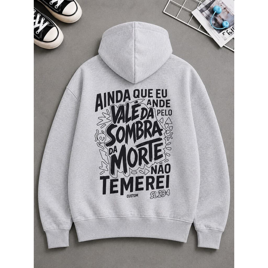 Blusa de Frio Moletom Salmos 23:4 Cristão Estilo Casual Premium com Capuz Unissex Estilo Retro