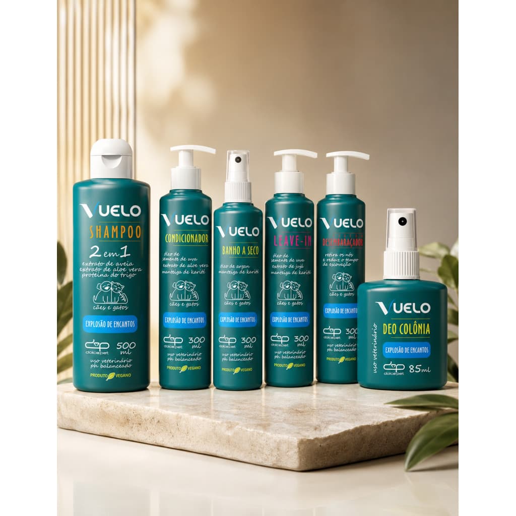 Kit Dolce Pet Shampoo 2 em 1 + Condicionador + Banho á Seco + Leave-in + Fluido + Colônia Explosão de Encantos