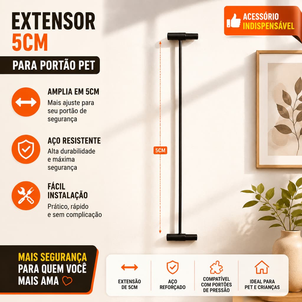 Extensor 5cm para Portão Pet Grade de Segurança Aço Reforçado Compatível