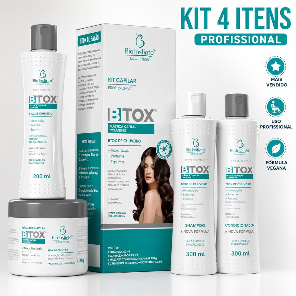 Kit Capilar Btox Plástica Capilar Bio Instinto 4 Itens Redução de Volume Hidratação Intensa