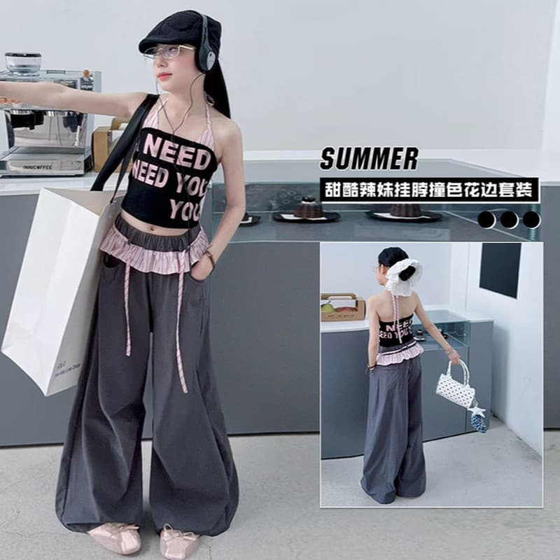 Meninas terno crianças estilo americano quente menina carta impressão Halterneck colete estilingue verão renda Casual ca