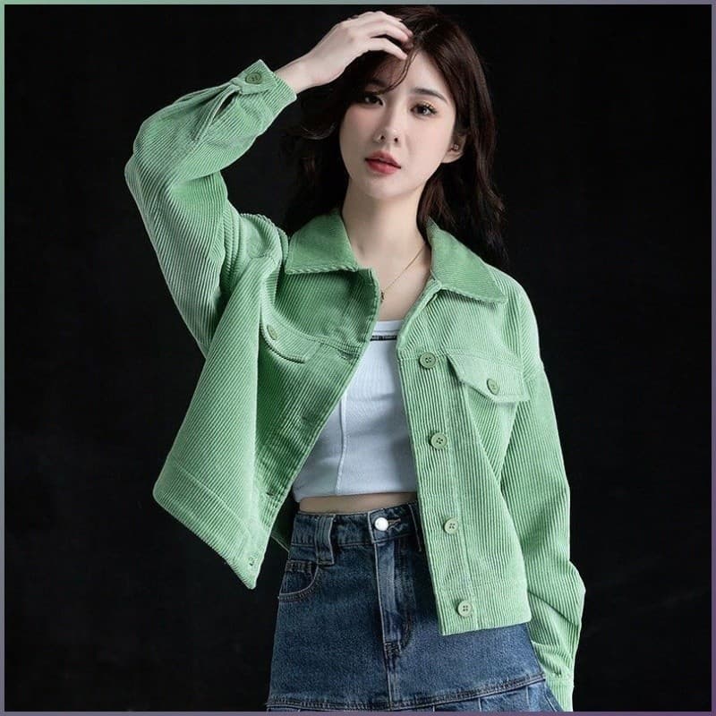 Jaqueta curta de veludo cotelê estilo delicado, casaco feminino verde, blusa casual.