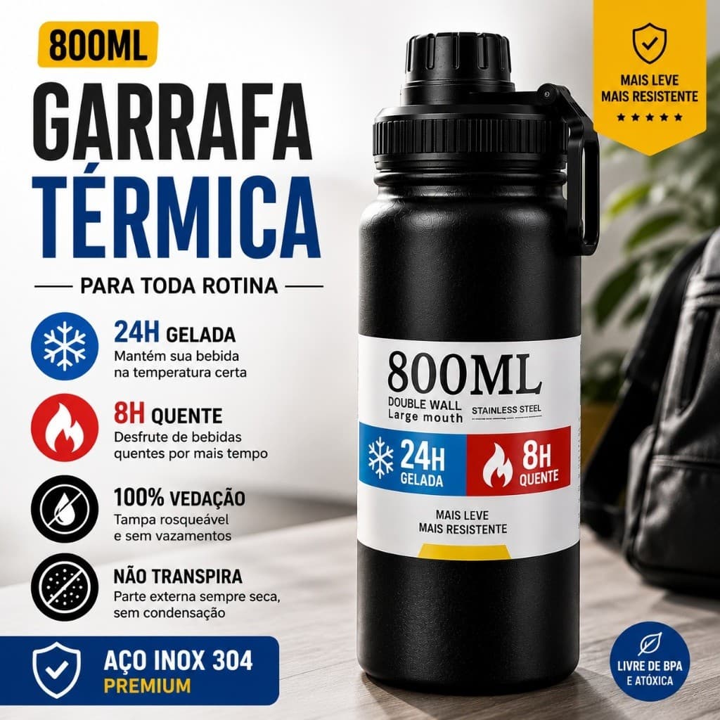 Garrafa Térmica Aço Inoxidável 800ml Quente & Frio Café Água Suco Corrida Envio Imediato