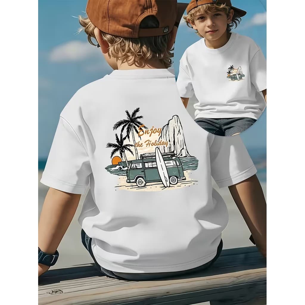 Camiseta Infantil Enjoy The Holiday - Estampas Exclusivas para Crianças 100% Algodão Unissex Menino E Menina