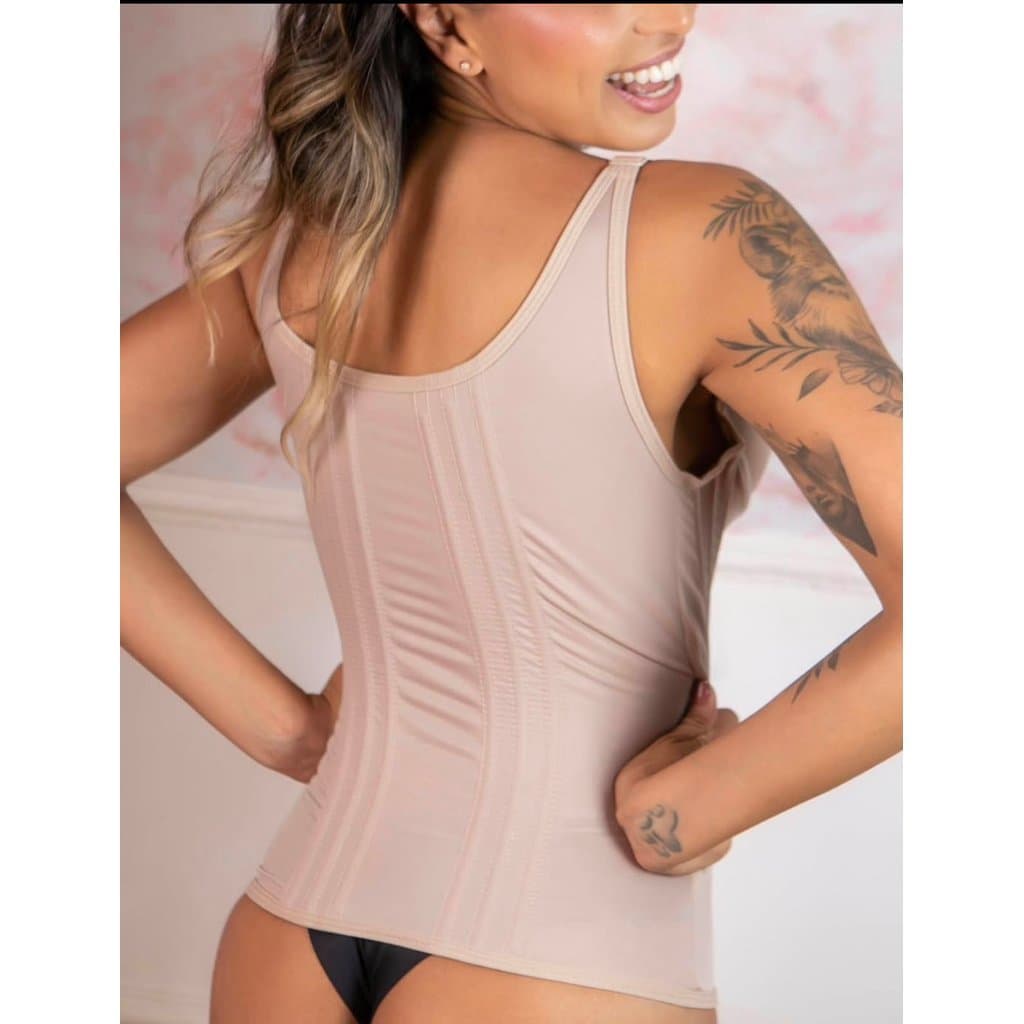 Cinta Modeladora Corpete BEGE com Bojo Camisete 12 Barbatanas Alta Compressão Afina Cintura 2 Colchetes P a GG