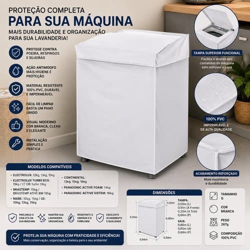 Capa Protecao Maquina Lavar Tampa Grande PVC Branca Duravel Facil Uso Ajustavel