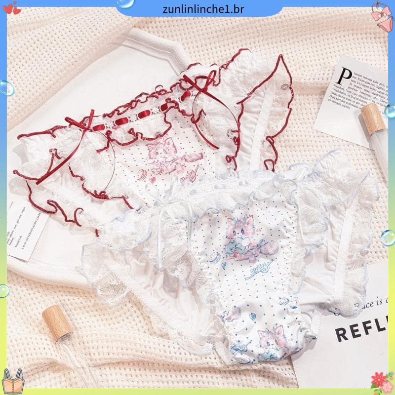 Nova impressão Original Retro gatinho bonito fita de renda cintura baixa cuecas confortáveis calcinha feminina estilo de