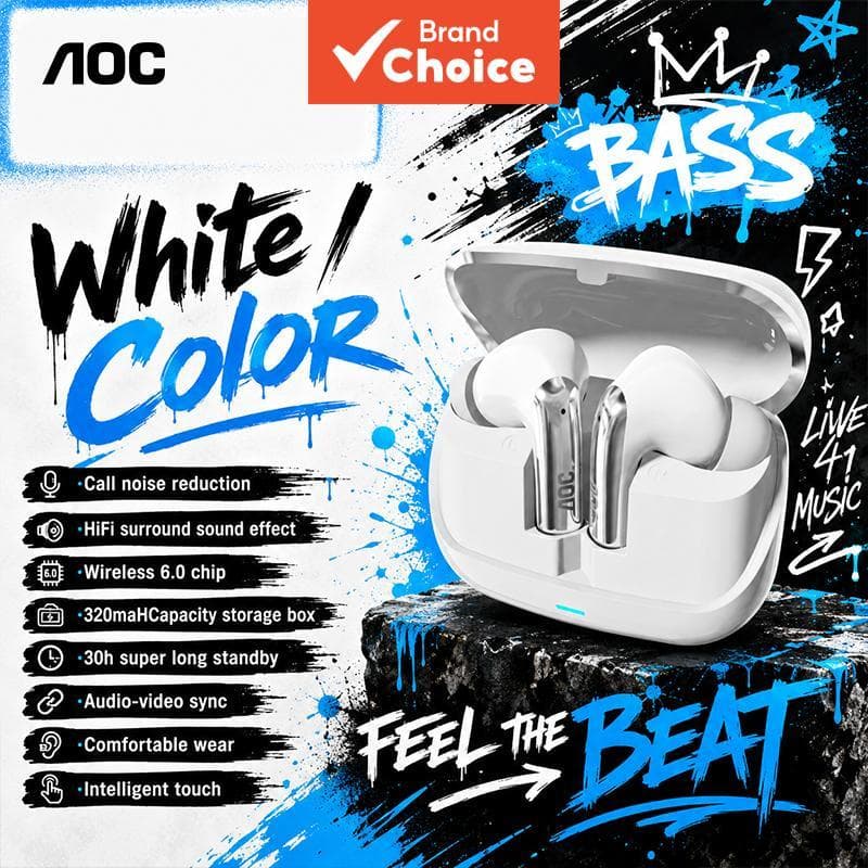AOC ACT4635 Fones de Ouvido Bluetooth 6.0, Fones de Ouvido, Som Surround de Teatro, 5h de Reprodução (1 fone), Redução