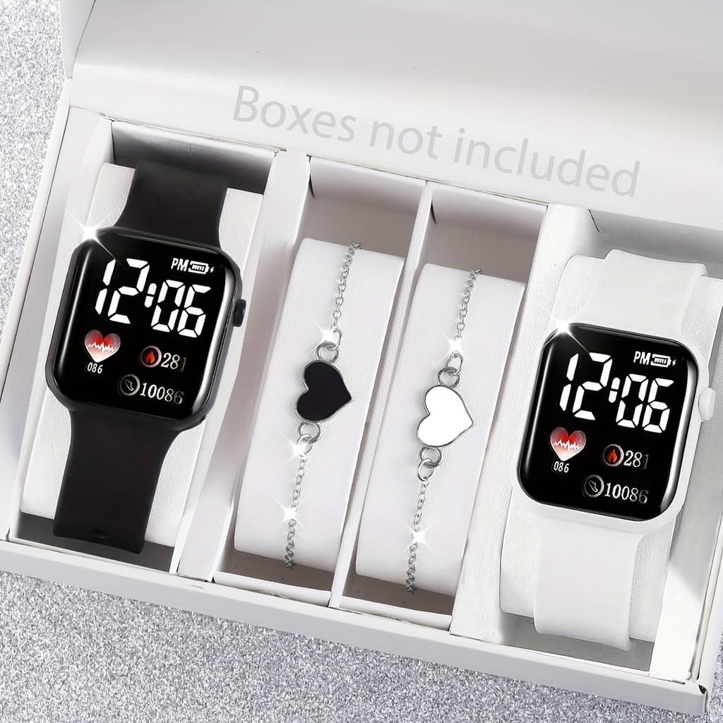 Couple Watch Set Conjunto Elegante De Relógio Digital Com 4 Pacotes Para Mulheres-Capas Quadradas,Pulseiras De Coração,P