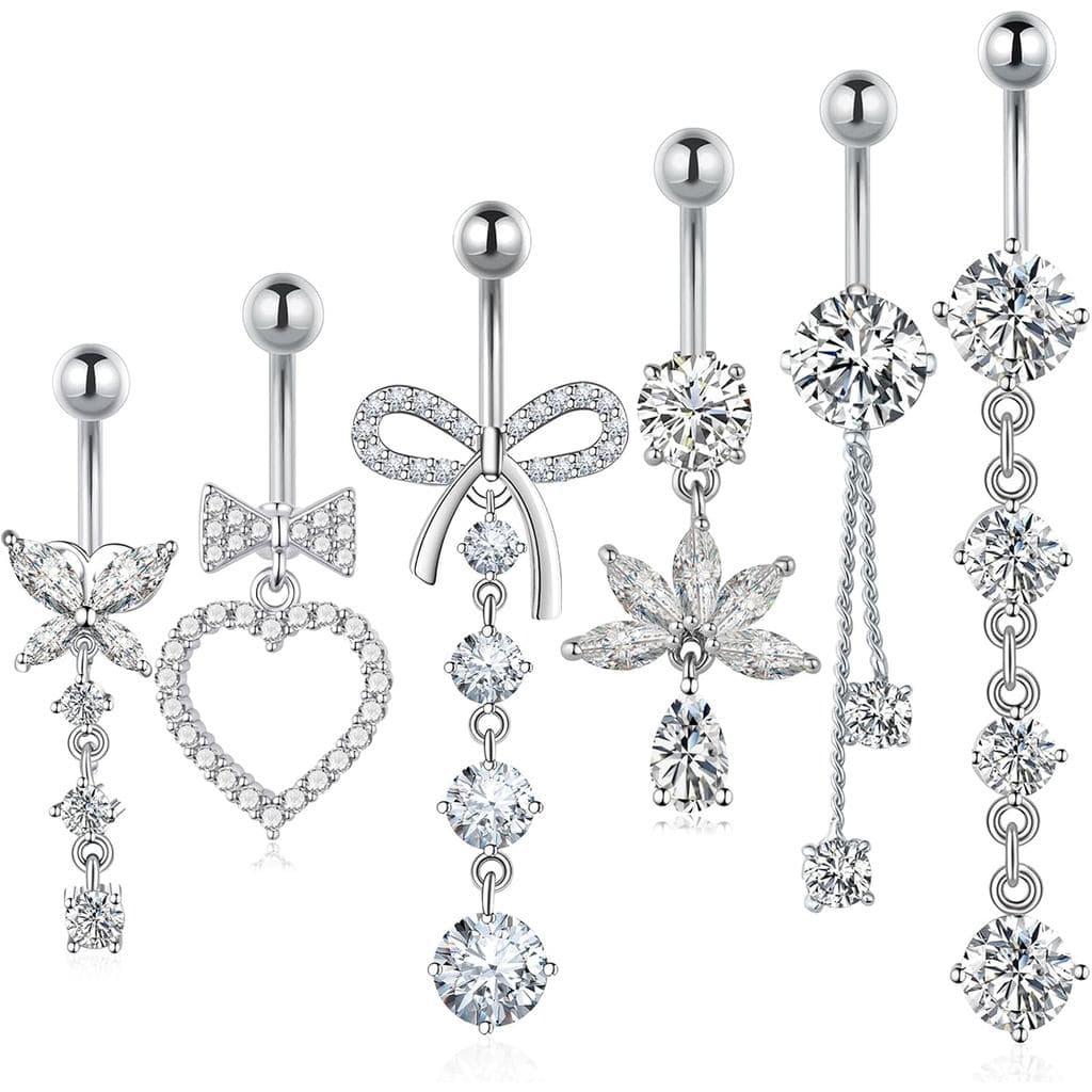 Dangle Belly Button Ring Surgical Stainless Steel Dangly Belly Rings for Women Dangling Heart Bow Butterfly Navel Belly