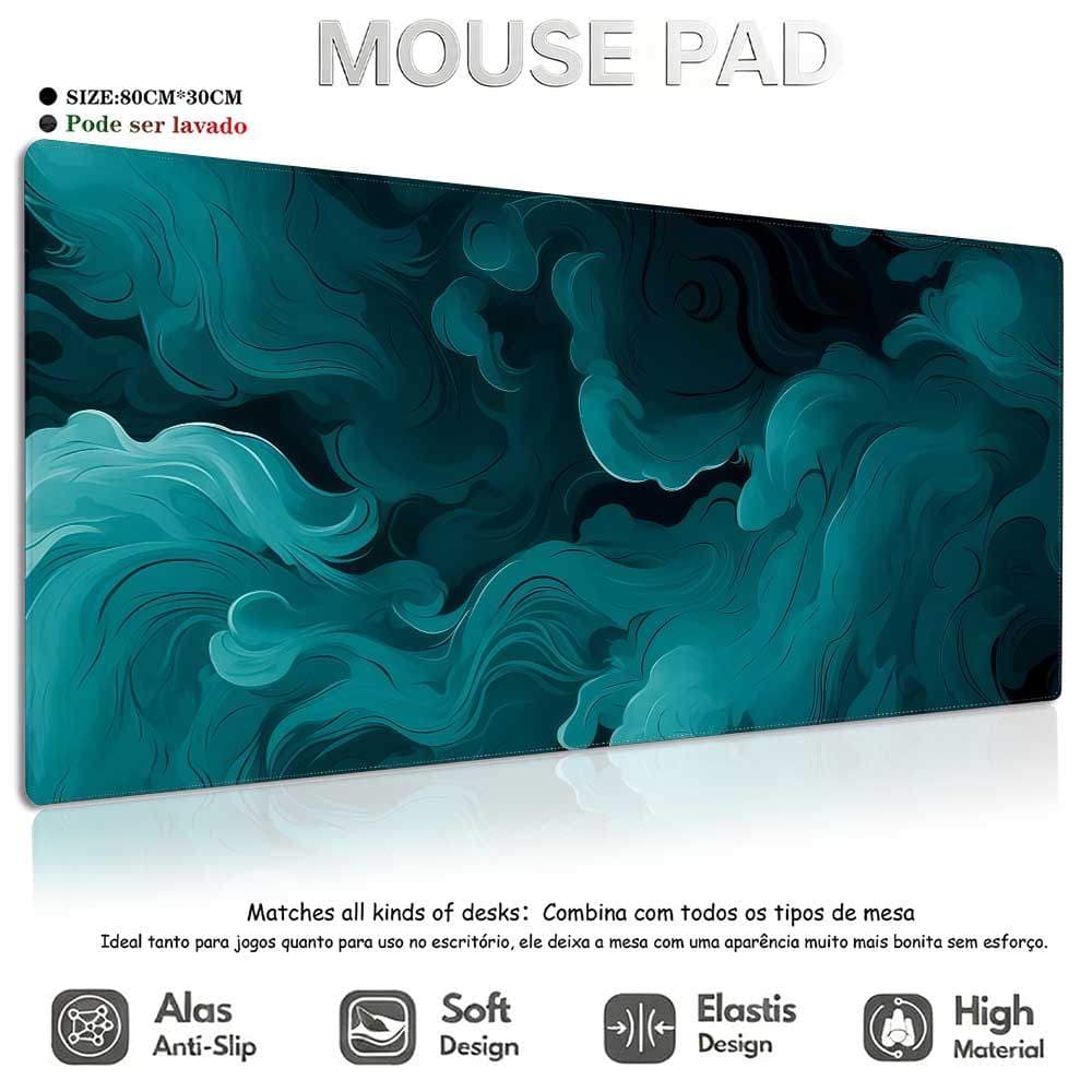 Mouse Pad Gamer Azul Premium Ondas Antiderrapante com Borda Costurada Reforçada para Teclado