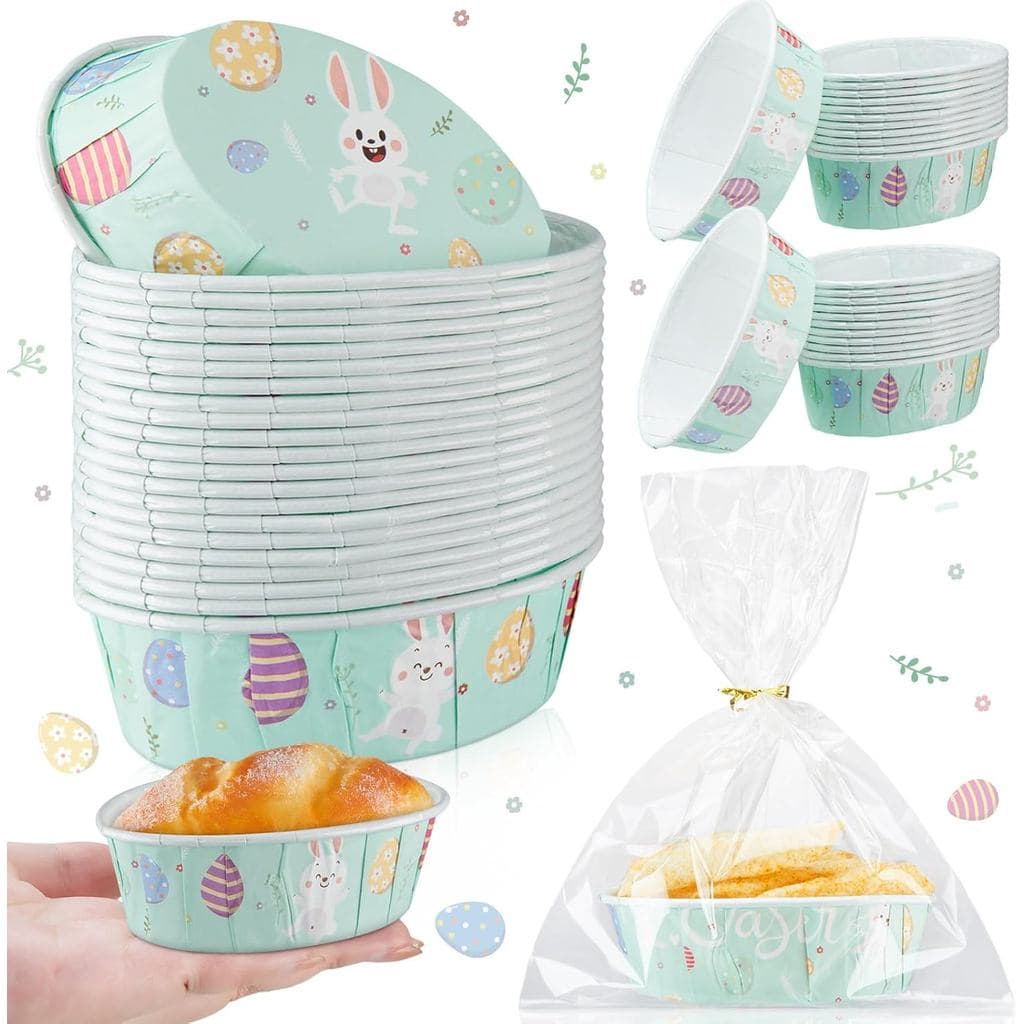 FillTouch 25 Peças Formas de Papel para Bolo de Páscoa com Tema de Coelho, 3 x 2 x 1,1'' Mini Formas para Bolo com Sacos
