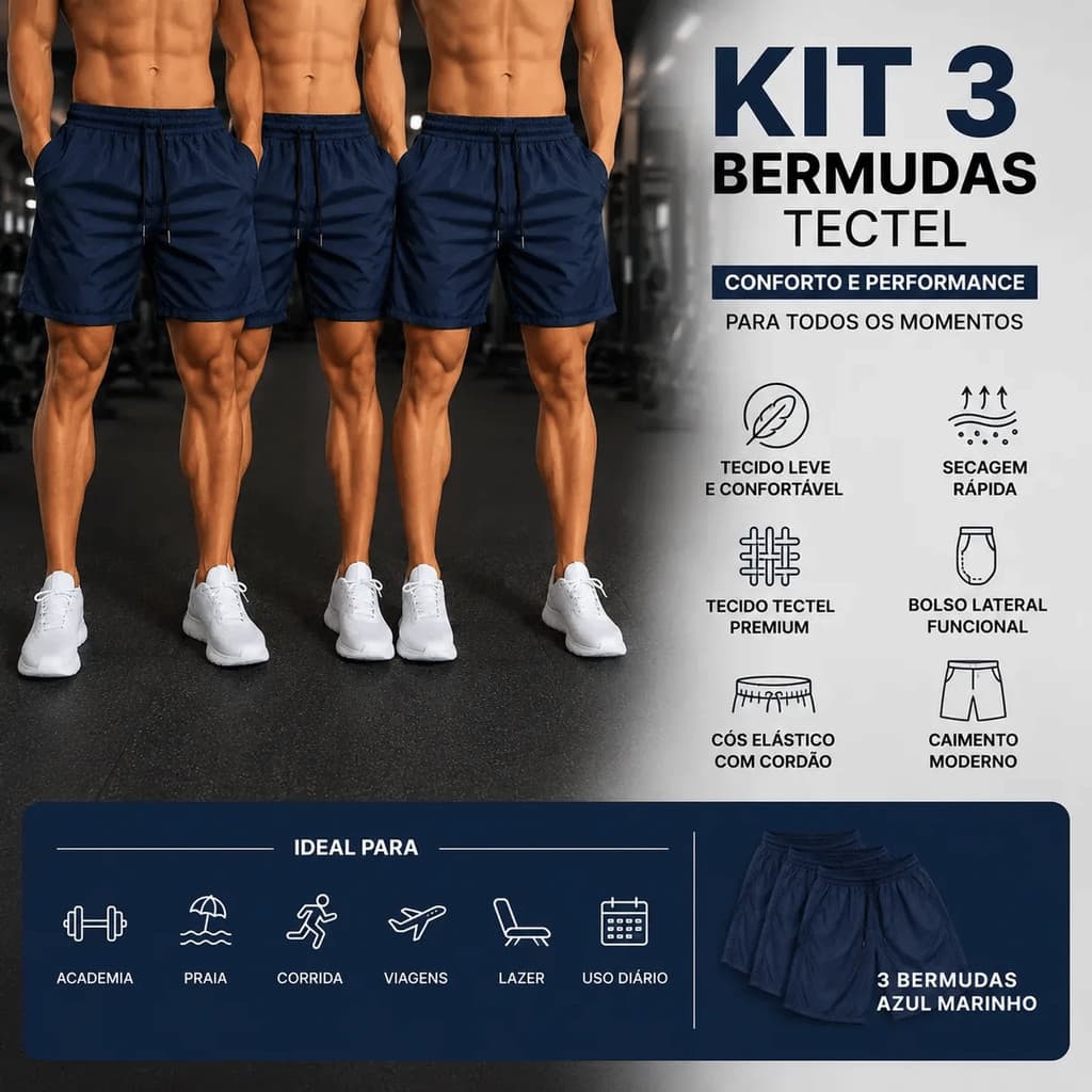 Kit 3 Shorts Tactel Masculino Praia Verão Mauricinho Academia Elastano Casual Premium