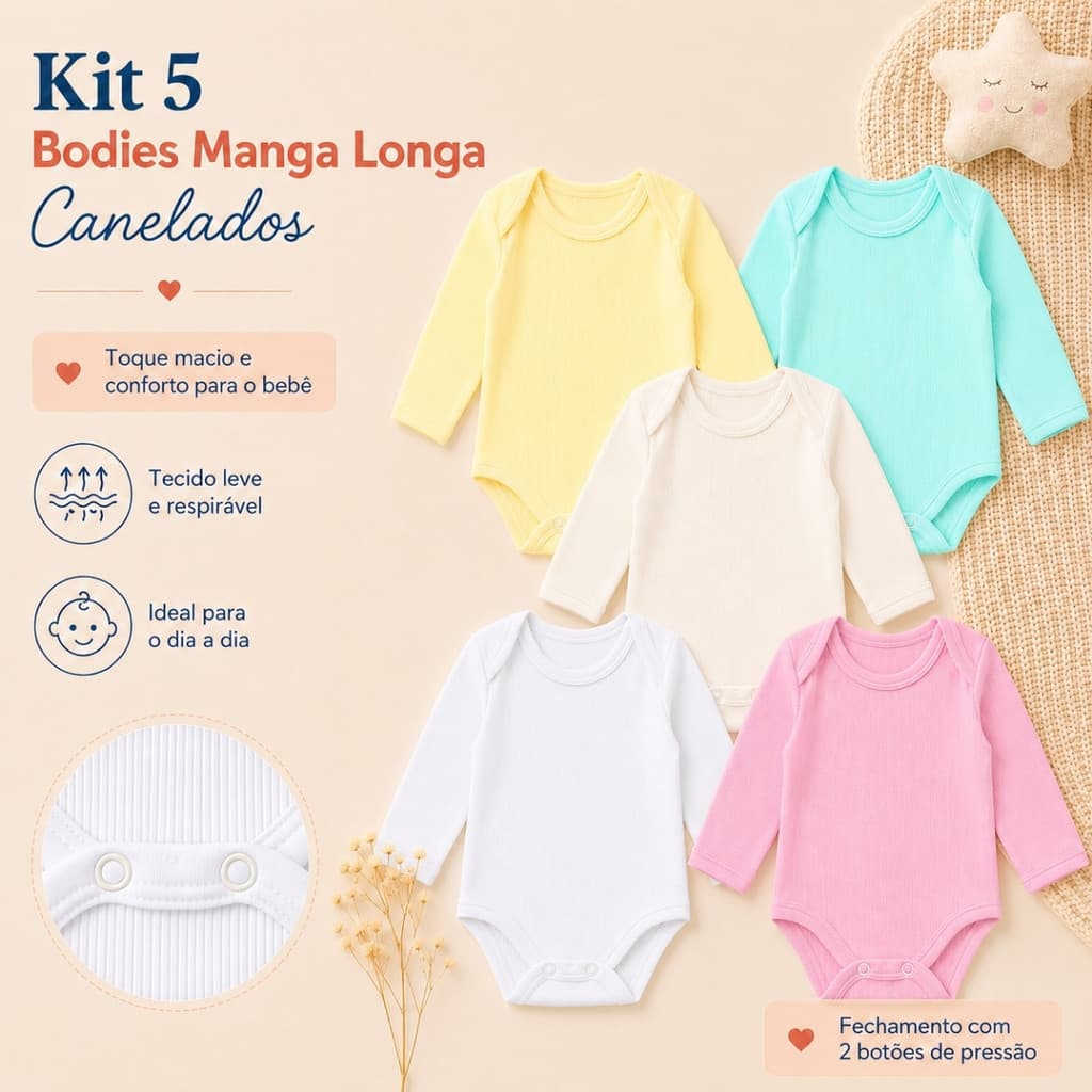 Conjunto 5 Bodies Básico Canelado Neném Rn P G Frisado Body Menino G Manga Longa
