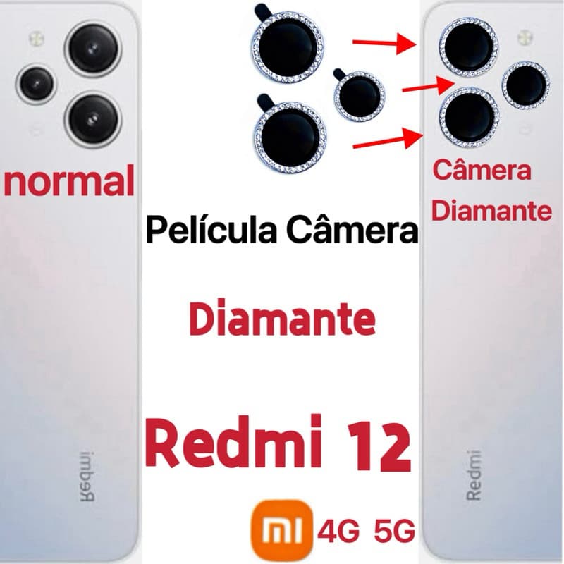 Kit (*3Pçs) Película Câmera  Diamante Para Xiao Mi Redmi 12 4G 5G  protetor lente Traseira Vidro Colorido