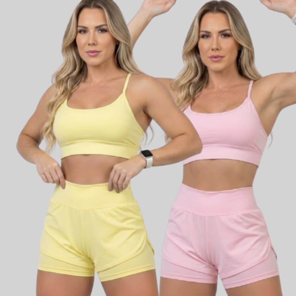 Kit 2 Conjuntos Fitness Feminino Short Duplo Suplex Cintura Alta Academia Yoga