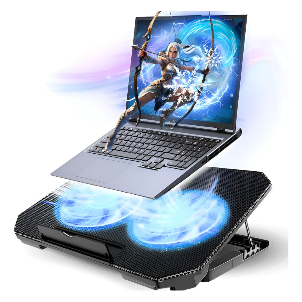 Base Cooler Para Notebook Gamer LED Azul 2 Fans USB Suporte Refrigerado Silencioso Ajustável 12 a 17