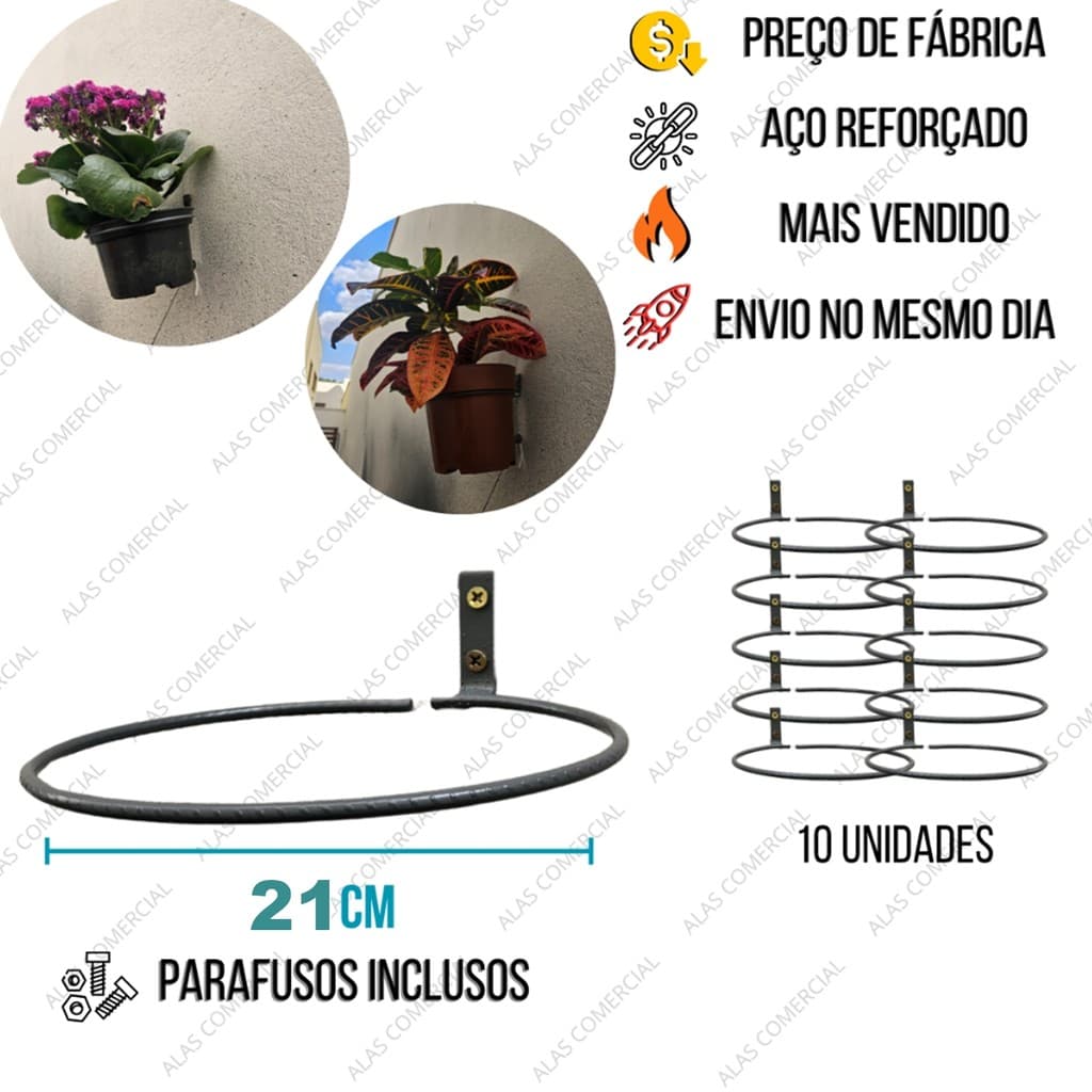 Suporte Argola Parede 21cm Vaso Planta Jardim Vertical - Kit Instalação Fácil