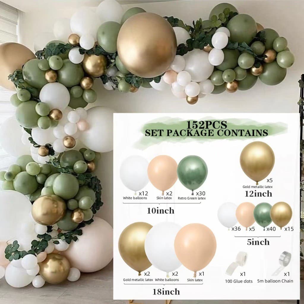 Kit com 152 Balões Branco + Rosa + Verde + Rosa Metálico para Festas e Aniversários