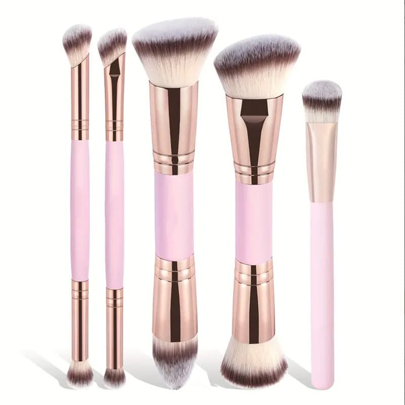 Conjunto de 5 pincéis de maquiagem de duas pontas, 3 cores, cerdas macias, adequados para base, blush, contorno e pó sol