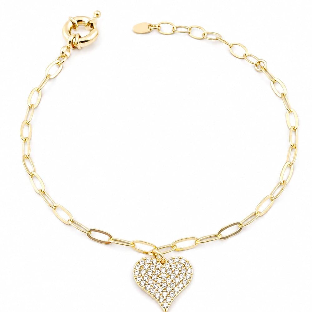 Pulseira Coração Cravejado Fecho Boia Banhado a Ouro 18k