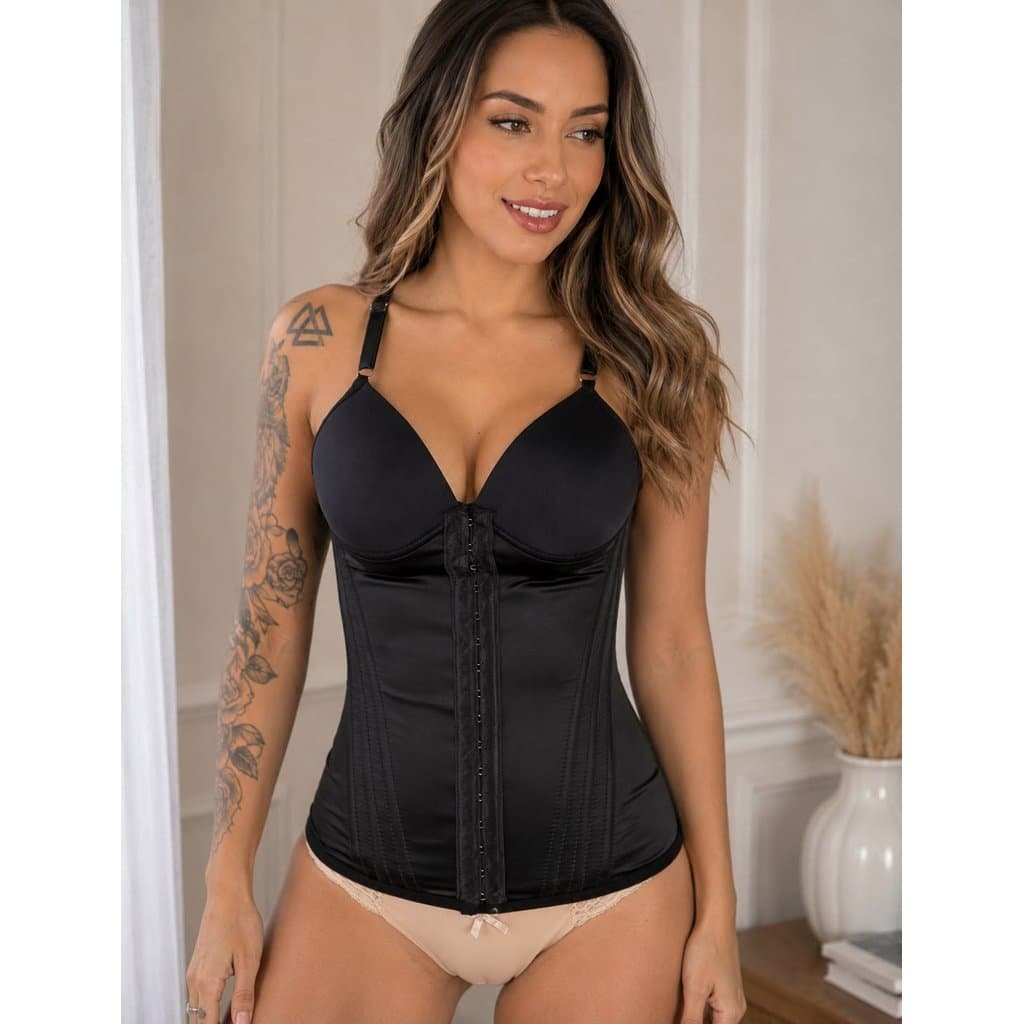 Cinta medida Preto com Bojo Camisete 12 Barbatanas Alta Compressão Afina Cintura 2 Colchetes P a GG