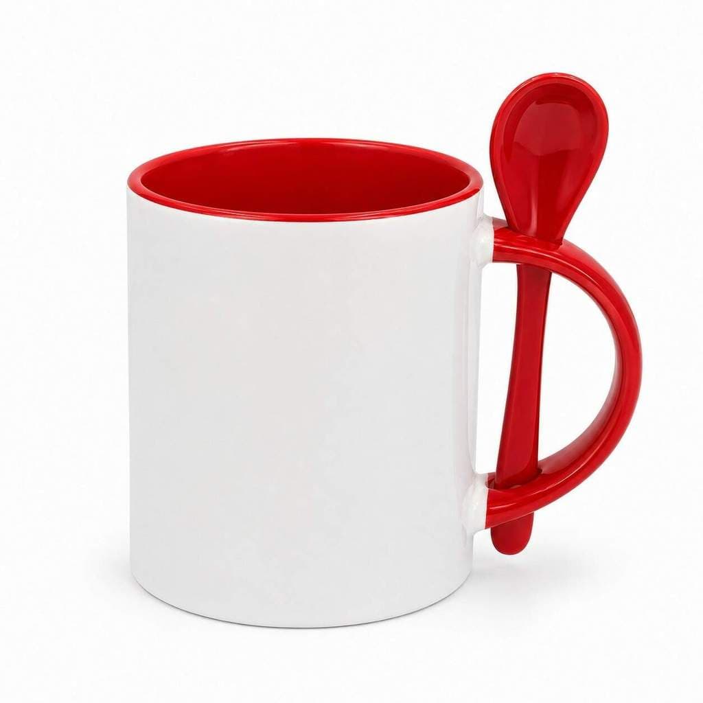 Caneca de Cerâmica com Colher Reta Vermelha para Sublimação - 325ml