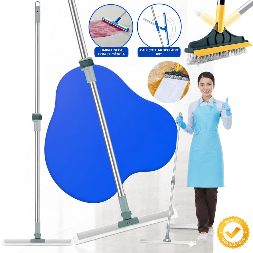 Rodo Silicone Vassoura Mágica Extensivo 1,45m Limpeza Seca Chão Pisos + Escova 2x1 Box Azulejo