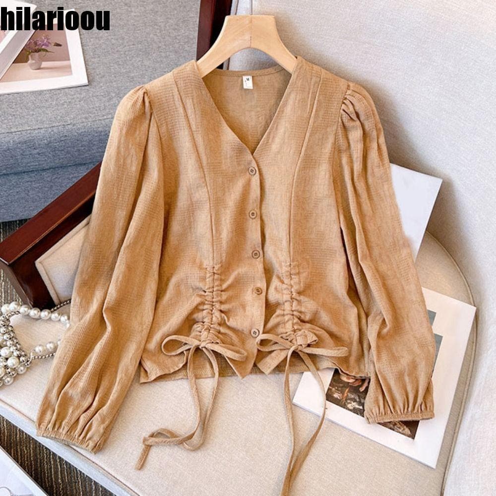 HILARIOOU Blusa Com Cordão Cadarço , Camisas De Manga Comprida Soltas Irregulares , Feminina Retrô Outono Primavera