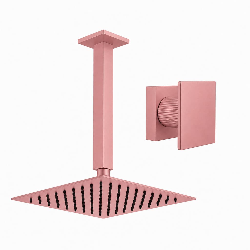Kit Ducha Quadrada 20x20 Slim de teto + 1 Acabamento para Registro base deca Cogumelo Até 1'' Pol Rose-Gold Fosco
