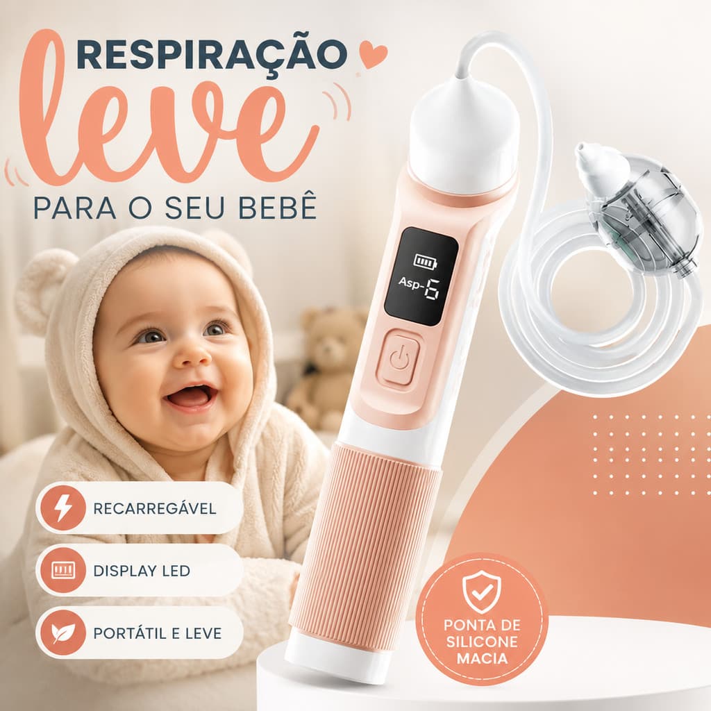Aspirador Nasal Elétrico para Bebê Recarregável Portátil com Display LED e Pontas de Silicone