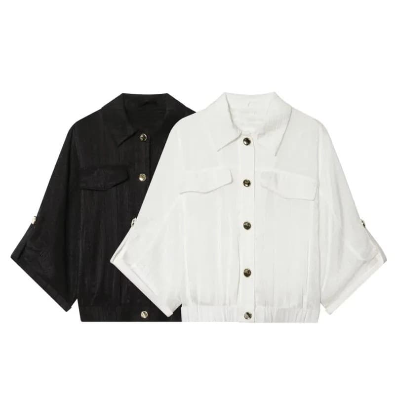 Blusa Feminina Nova Verão 2026 Simples com Gola Dobrada, Mangas e Botões, Estilo Safari, Camisas e Blusas Elegantes