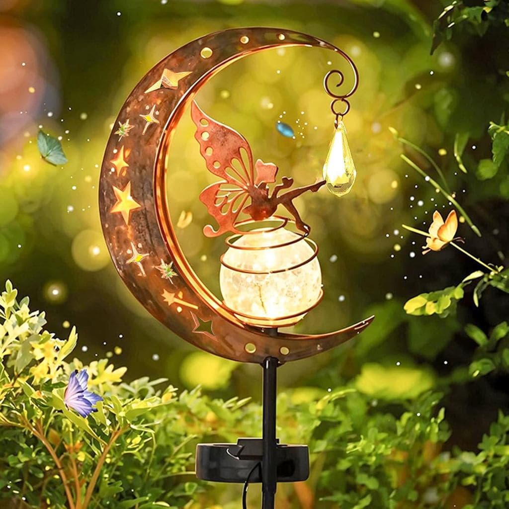Decoração de Jardim Encantado, Luz Solar de Jardim com Fada da Lua e Globo de Vidro Craquelado, Decorações LED à Prova d