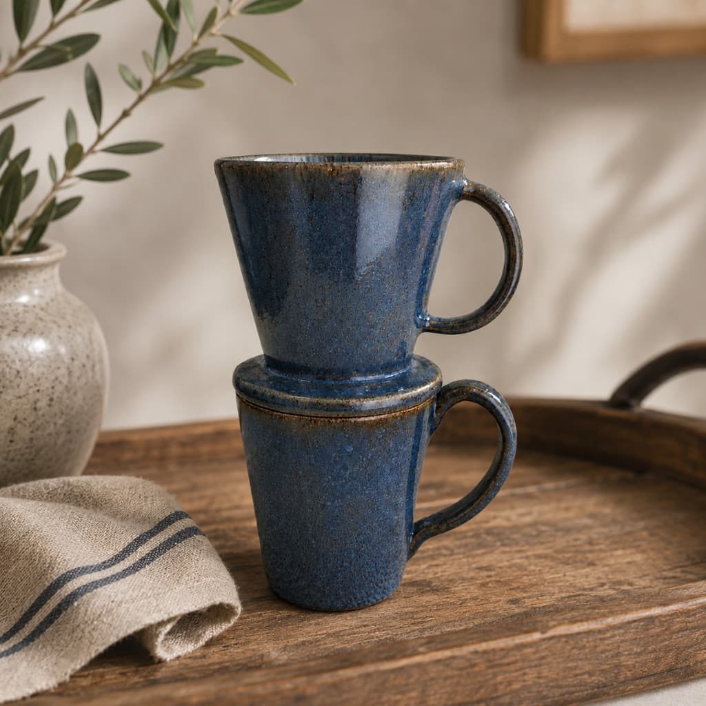 Conjunto Artesanal Safira Xícara 250ml + Coador Café Cerâmica / Passador /Cozinha Decoração Presente