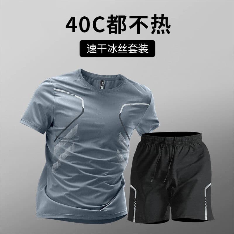 Terno esportivo masculino de seda gelo roupas de secagem rápida camiseta de Fitness correndo Shorts de manga curta roupa
