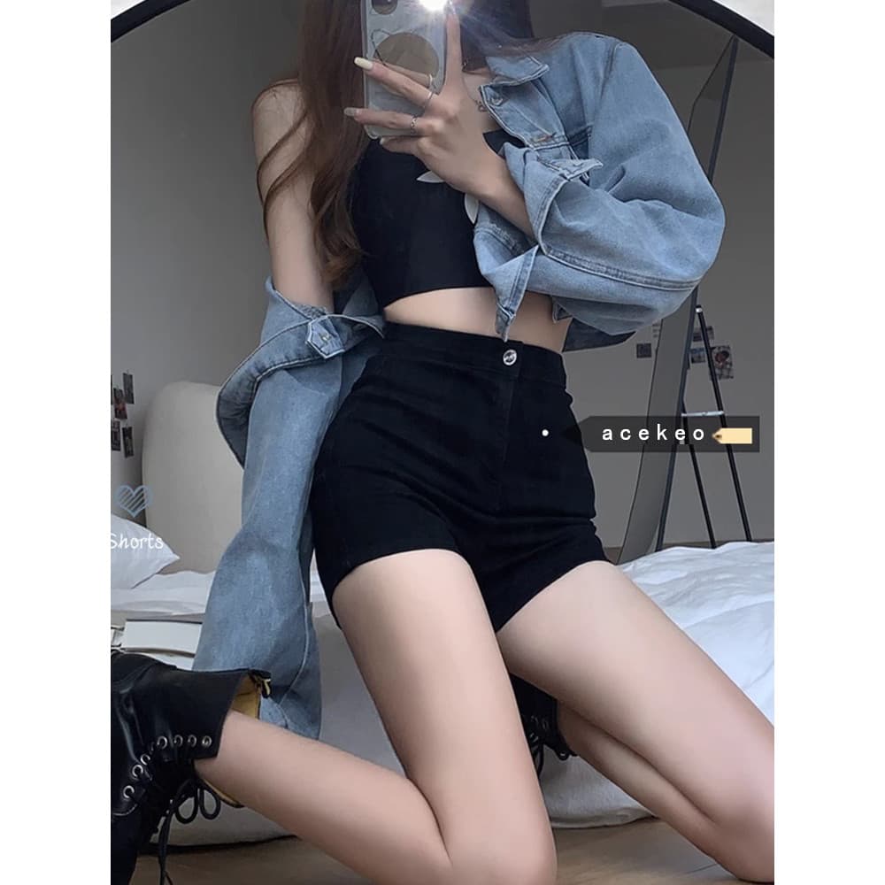 Preto Denim Shorts feminino estilo fino 2026 novo estilo cintura alta solta a linha Ultra curto magro calças quentes