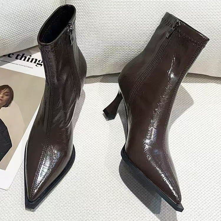 Botas Femininas de Bico Fino, Botas Curtas com Zíper Lateral, Estilo Casual Retro, Salto Fino e Alto, Botas da Moda, Tam