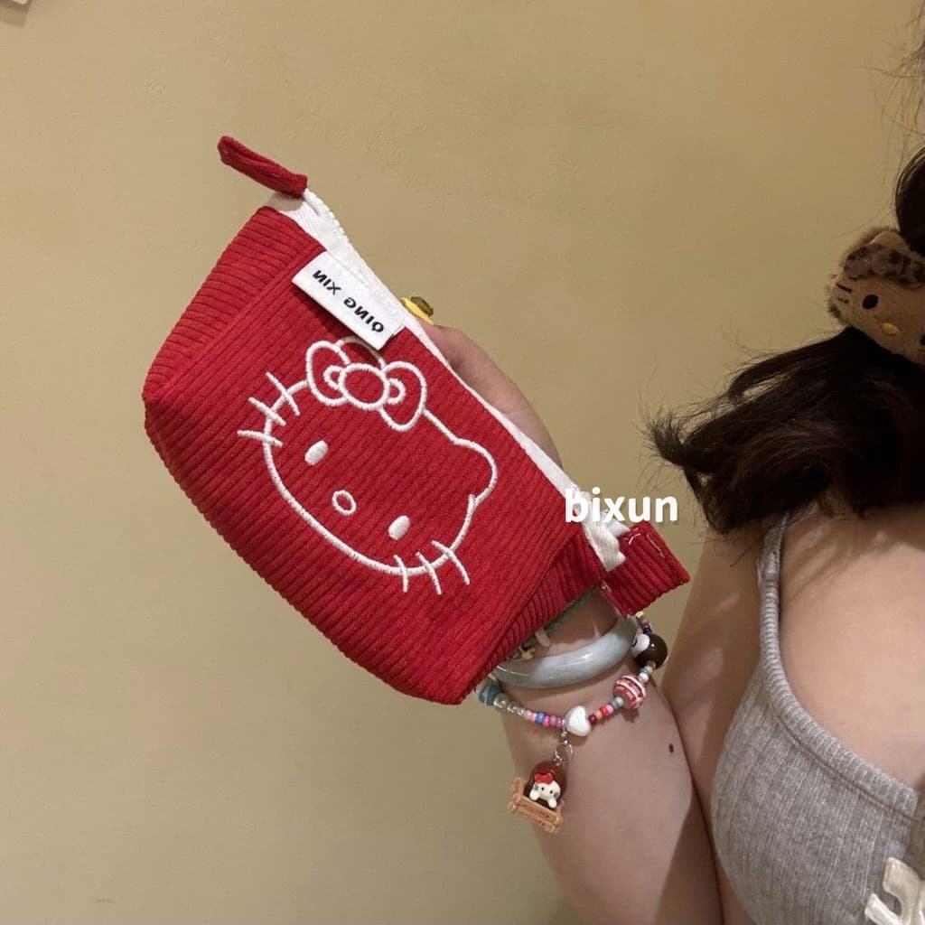 Estojo De Veludo Hello Kitty , Bolsa De Maquiagem Fofa De Grande Capacidade Lápis De Estudante Armazenamento , Caixa De
